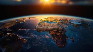 A glowing sunrise over the earth, showing the illuminated continents at dawn. photo