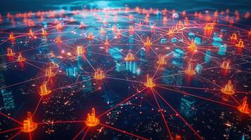 An artistic depiction of a digital network overlaying a cityscape with interconnected hubs and data flow. photo