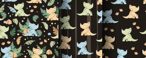 Set of Seamless patterns with cute dinosaurs in flat style. Endless texture with baby dinosaur, tropical plants and footprints. Childish background vector