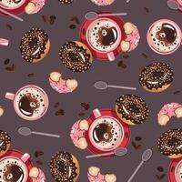 Seamless pattern with a cup of coffee and a donut. Repeating texture with a coffee drink and dessert. Coffee time. Suitable for textiles, wallpaper, paper vector