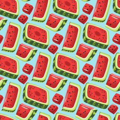 Square Watermelon Slice Seamless Pattern. Flat Design Cut Fruit Repeat. Perfect for Modern Kitchen Textiles, Food Packaging, Wall Art, Digital Backgrounds. Minimalist Illustration.