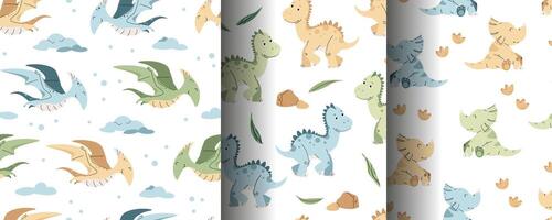 Set of Seamless Patterns with cute dinosaurs in flat style. Repeating background with baby dinosaur and footprints. Kiddie background for fabric, wallpaper, wrapping paper, scrapbooking vector