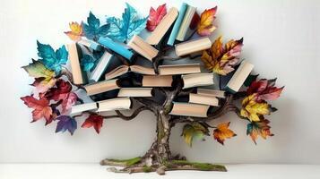 A creative tree of knowledge, with books replacing leaves and colorful foliage. photo
