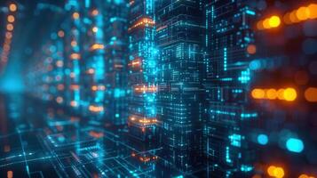 Digital city with glowing blue and orange lights, showcasing futuristic abstract technology. photo