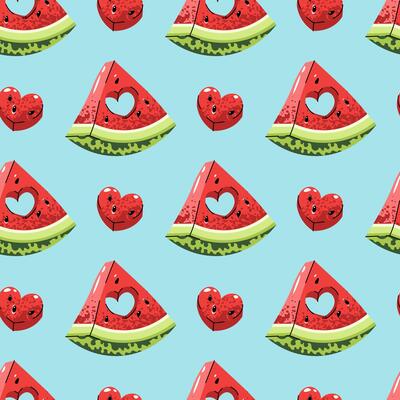 Watermelon Heart Seamless Pattern. Flat Design with Juicy Slice and Cut-Out Heart. Romantic Fruit Repeat for Valentines Day, Wedding Decor, Textile, Wrapping Paper. Sweet Background.