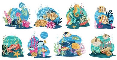 Tropical fish set in flat design. Includes lionfish, butterflyfish, Pufferfish, Seahorse, Crab and jellyfish with coral reef. Isolated on white background. Ideal for ocean conservation projects. vector