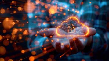 A hand holds a glowing cloud with a lock, representing secure online data protection and storage. photo