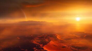 Spectacular alien world landscape view during sunset with a second planet in sight. photo