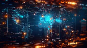 Futuristic digital world map displaying network connections and global data flow vividly. photo