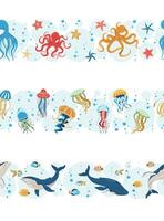 Seamless Ocean Borders Set. Whales, Jellyfish and Octopuses in Flat Design. Perfect for Marine Conservation Websites, Kids Educational Materials and Underwater Party Decor. Repeatable Patterns. vector