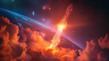 A fiery rocket soars into the vastness of space, leaving a trail of smoke behind it. photo