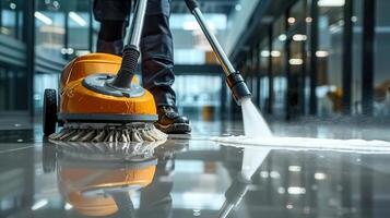 A professional cleaner using a machine to scrub and wash a highly reflective office floor. photo