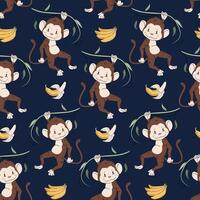 Seamless pattern with cute monkeys in flat style. Repeating background with African animals, vines and bananas. Childish illustration for fabric, wallpaper, wrapping paper vector