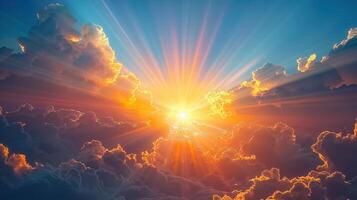 The sun's radiant beams pierce through the clouds, creating a stunning sunrise spectacle. photo