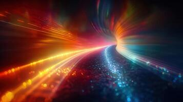 Vibrant abstract tunnel with dynamic light streaks, illustrating rapid data transfer and connectivity. photo