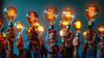 A diverse group of hands holds glowing light bulbs, symbolizing new ideas and innovation. photo