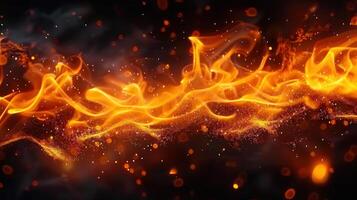 Spectacular visual representation of dynamic fire with luminous particles against a dark backdrop. photo