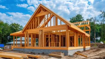 The wooden frame of a house under construction, set against a blue sky with fluffy clouds. photo