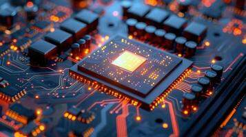 A close-up of a computer's central processing unit, with intricate circuit board details. photo