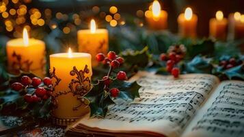 Cozy christmas arrangement with lit candles, holly, and musical notes displayed. photo