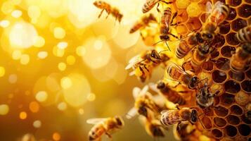 Close-up view of honeybees on a honeycomb, bathed in warm sunlight creating a natural, vibrant scene. photo
