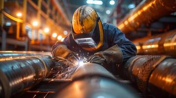A welder is carefully joining metal pipes, creating sparks in an industrial environment. photo