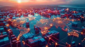 Illuminated world map with connected network lines represents global trade and communication. photo