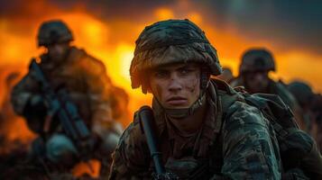 Close-up view of a soldier with determined expression amidst a battle scene at sunset. photo