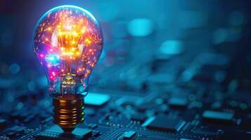 Vibrant lightbulb with radiant energy, symbolizing innovation and modern technological concepts. photo