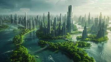 Spectacular view of a futuristic cityscape featuring skyscrapers and waterways. photo