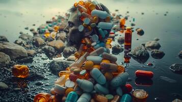 A person's silhouette composed of pills stands in the water, representing wellness and mental health. photo