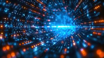 Abstract digital tunnel with glowing blue and orange lights, conveying data flow and technology. photo