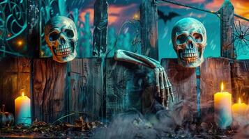 A chilling halloween scene featuring skulls, candles, and a skeleton hand over a fence at night. photo