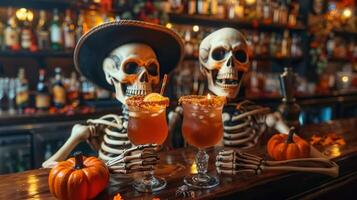 Two skeletons are preparing cocktails at a bar, perfect for a halloween celebration. photo