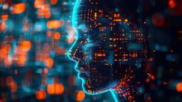 A glowing digital portrait of a woman's face, representing artificial intelligence concepts. photo