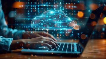 A person works on a laptop with a digital cloud graphic, representing cloud computing. photo