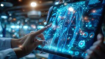 A doctor examines the human body on a digital screen using advanced medical technology. photo
