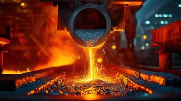 A stream of molten metal pouring from a pipe in a factory setting, with sparks flying. photo