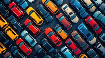Aerial perspective of a packed parking lot showcasing an array of colorful vehicles. photo