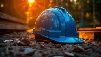 A close-up shot of a blue construction helmet on a dirt surface with bright sunlight. photo
