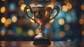 A detailed shot of a golden trophy, highlighting success and reward on a wooden table. photo