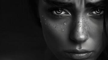 A striking black and white image captures a woman's face with glistening water droplets. photo