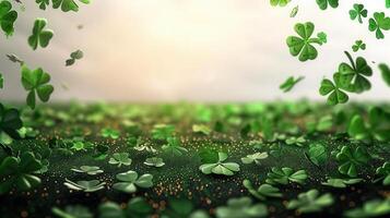 Floating shamrocks dance above a field, creating a vibrant and enchanting scene of St. Patrick's Day. photo