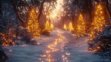 A mesmerizing winter forest path, illuminated with Christmas lights and covered in snow. photo