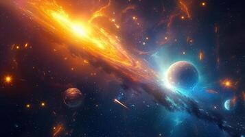 Mesmerizing artwork showcasing a vibrant nebula and planets against a starry cosmos background. photo