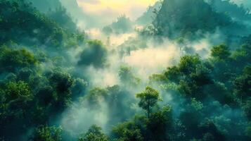 Breathtaking aerial view of a misty forest, offering a serene and tranquil natural landscape. photo
