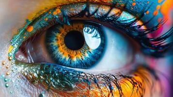 An amazing macro shot of an eye with detailed, artistic makeup in striking hues. photo