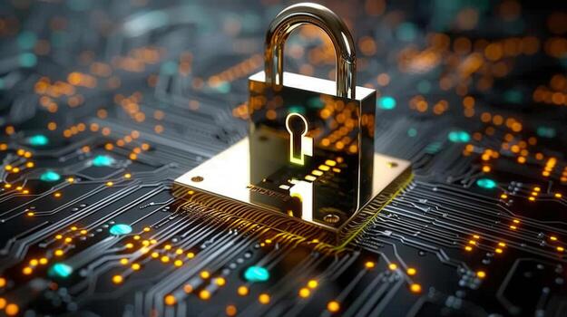 A shiny gold padlock symbolizes the security of data on a digital circuit board. photo