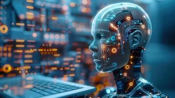 A futuristic ai robot with circuits is looking at a laptop, representing the future of technology. photo