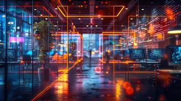 Inside a modern office with futuristic neon lights, a hub of technological innovation. photo